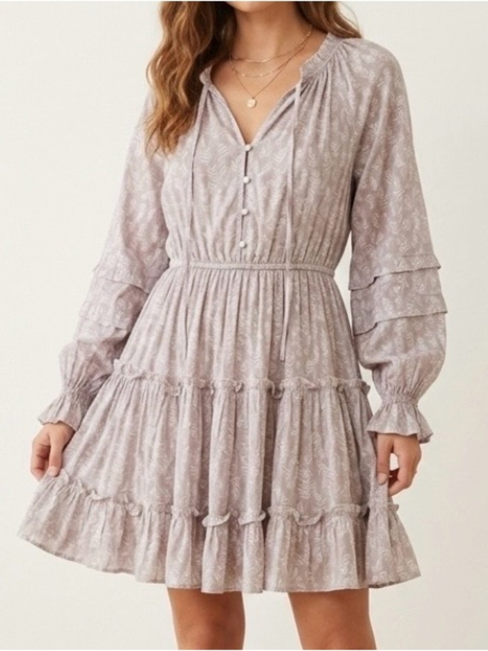 Blu Pepper Taupe Leaf Print Tiered Ruffle Mini Dress Small Cottagecore Boho